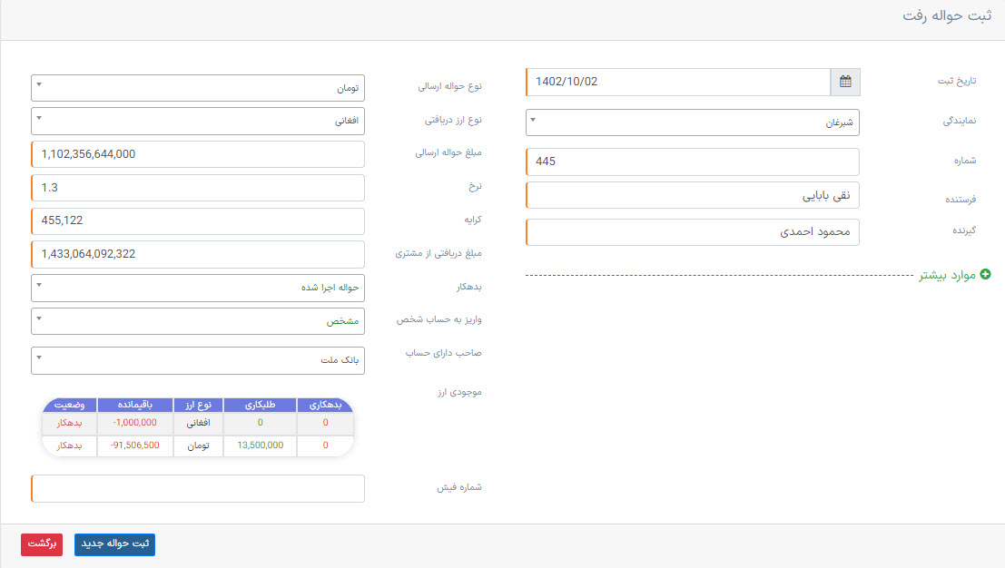 اطلاعات حواله رفت در نرم افزار صرافی و حواله داری اطلاعات حواله رفت در نرم افزار صرافی و حواله داری