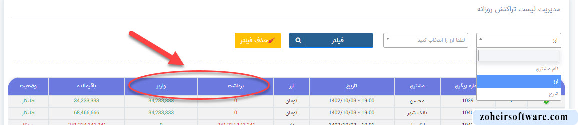 برداشت و واریز در لیست تراکنش روزانه نرم افزار صرافی 