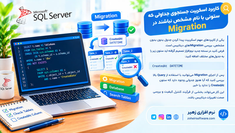 کاربرد اسکریپت جستجوی جداولی که ستونی با نام مشخص نباشند در Migration کاربرد اسکریپت جستجوی جداولی که ستونی با نام مشخص نباشند در Migration